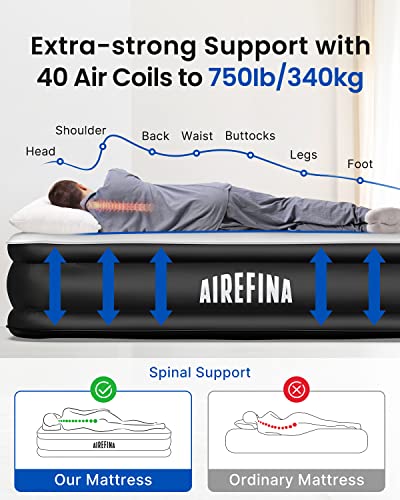 Airefina Queen Air Mattress with Built-in Pump, Blow up Mattress in 3 Mins, Colchon Inflatable Mattress with Flocked Surface for Home & Camping, Comfort, Foldable & Portable 80x60x18in, 750lbs MAX