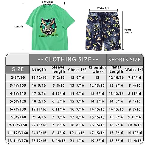 Jobakids Boy Summer Outfits 2 Year Old Toddler Short Sets Little Kids Cotton T-Shirt Green Rabbit Crewneck Top Pocket Jean Shorts 2-Piece Clothes,2T