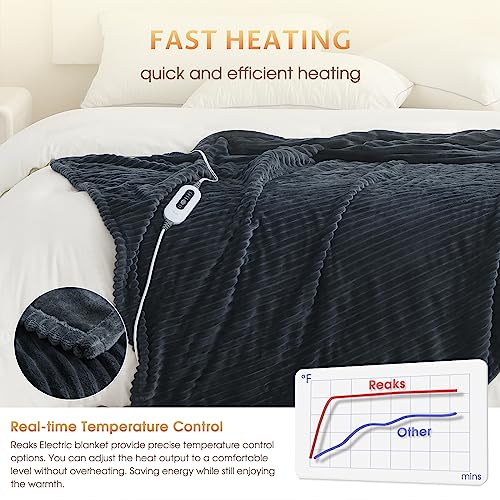 Reaks Heated Blanket Throw - 50" x 60" Electric Blanket with 4 Fast Heating Levels & 3 Hours Auto Off, Soft Flannel Heating Blankets for Home Office, UL&FCC Certification, Machine Washable, Dark Grey