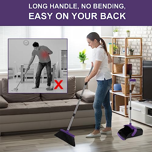 Extra-Large Upright Broom and Dustpan Set, 55-inch Long Handle Self Cleaning Pueple Broom and Dustpan Set for Home Kitchen Office Floor