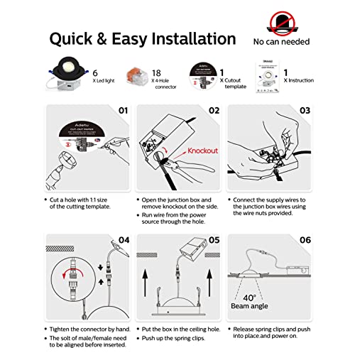 Adetu 4 Inch Gimbal Black Led Recessed Light, 360°+90° Adjustable Directional Recessed Lighting, 2700K/3000K/3500K/4000K/5000K Dimmable Retrofit Eyeball Can Light with Jbox,ETL（Black，6 Pack）