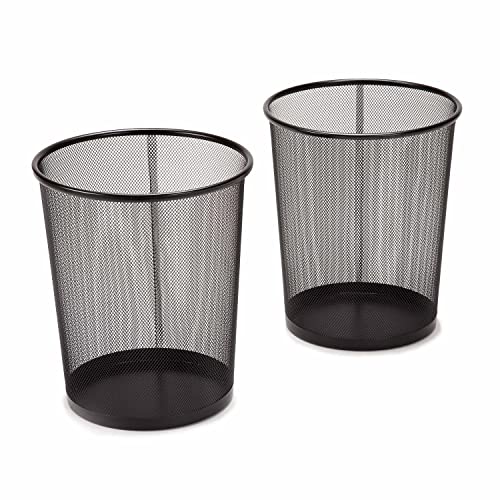Seville Classics Small Cylinder Trash Can for Home or Office, 6 Gallon Mesh Round Bins, Lightweight, Steel Wastebasket Set for Garbage or Recycle, 2-Pack, Black