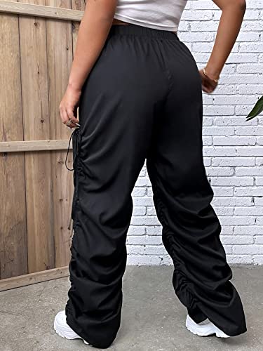 MakeMeChic Women's Plus Size Elastic High Waist Drawstring Side Cargo Pants Ruched Stacked Pants Black 3XL