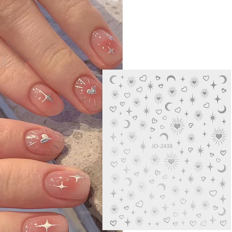 6 Sheets Star Nail Art Stickers 3D Self-Adhesive Gold Silver Sun Moon Nail Stickers Heart Nail Decals Nail Art Supplies Designs Star Moon Sun Nail Charm for Women Girls Acrylic Manicure Decorations