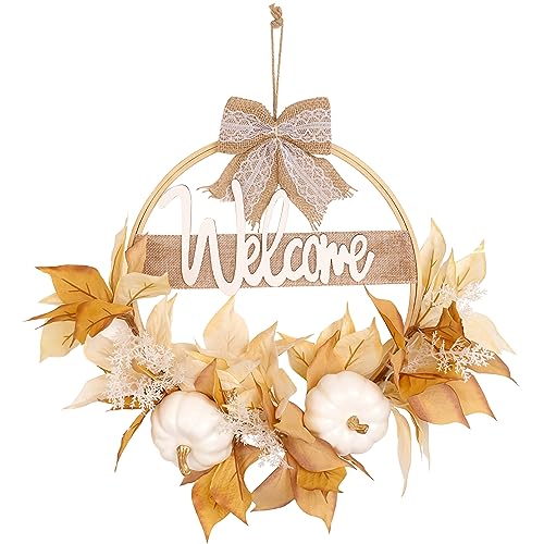 Fall Wreath, Fall Door Wreath, Fall Wreath with Welcome Sign, Fall Decor, Farmhouse Wreath with Pumpkins Flower Wreath for Home Decor, Fall Decorations for Home, House Warming Gifts New Home