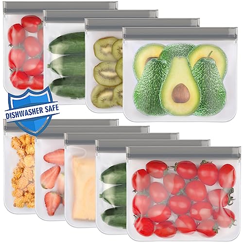 Reusable Sandwich Bags Dishwasher Safe,9 Pack Extra Thick Leak-proof Quart Bags Silicone for Marinate Meats, Cereal, Sandwich, Travel Items, Home Organization(Grey)