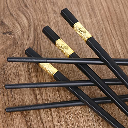 YTLX 10 Pairs Non-Slip Fiberglass Chopsticks, Reusable Chopsticks Gift Set Dishwasher Safe, Easy to Use and Clean, Square Lightweight for Home Kitchen, Hotel, Restaurant Dining Tools, Black and Gold