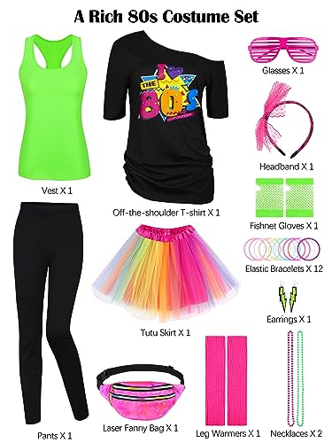 AOTHSO 24 Pieces Halloween Women 80s Costume Accessories Set 80s Cosplay T-shirt Tutu Pants Racerback Top Fanny Pack Gloves Leg Warmer for Party