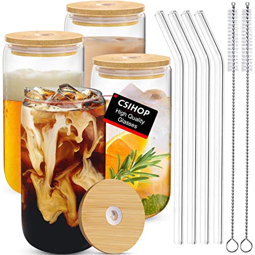 4pcs Set Drinking Glasses With Bamboo Lid And Glass Straw - 16oz Can Shaped Drinking Glass Set, Iced Coffee Mug, Cute Tumbler Cup, Whiskey, Water- Gift Best Choice - 2 Cleaning Brushes (1)