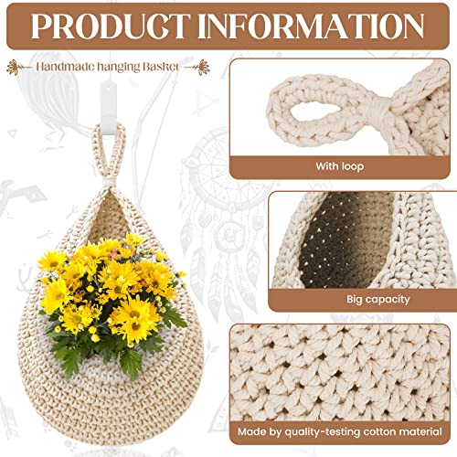 Hanging Fruit Baskets for Kitchen - 3 Pack Boho Wall Hanging Basket with 6 Pcs Strong Hooks, Handwoven Hanging Holder Teardrop Home Produce Basket for Fruits Vegetable Potato Onion Storage (White)