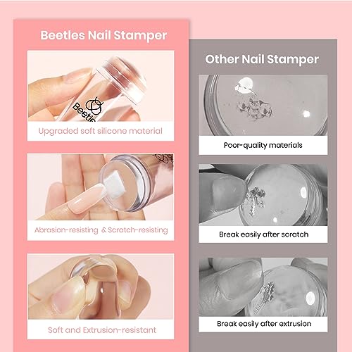 Beetles Stamp Gel 4Pcs Silicone Nail Stamp Kit with 2 Nail Stamper Polish Gel, Liquid Latex Tape and Long Silicone Stamper French Tip Nail Tool for Home Manicure Diy Nail Art Salon