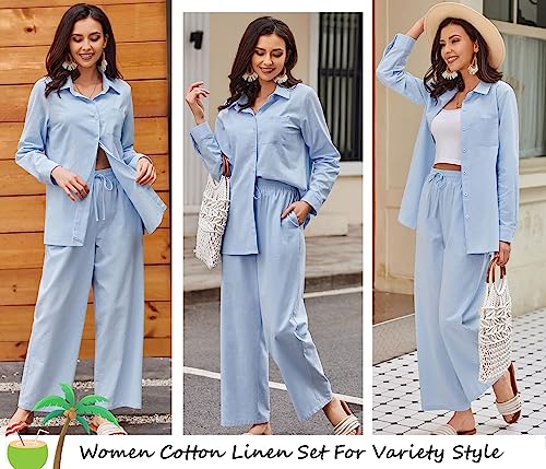 Zeagoo Womens Coordinated Outfit 2 Piece Linen Sets Button Down Linen Shirts Summer Loose Long Pants, 1light Blue, Large