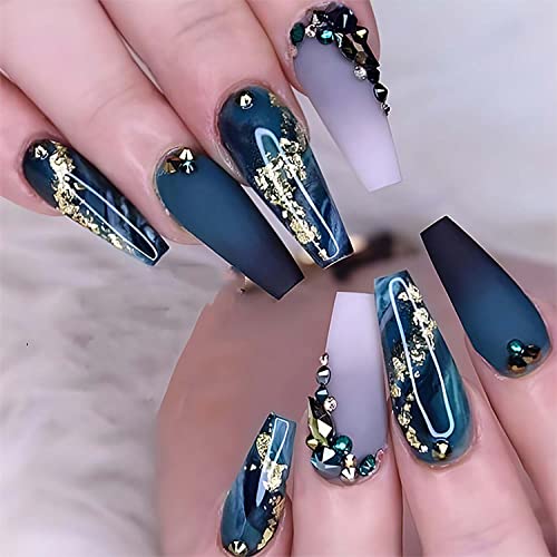 Coffin Press on Nails Long Fake Nails with Nail Glue Navy Blue False Nails with Rhinestone Designs Full Cover Stick on Nails Acrylic Artificial Gradient Nails for Women Nail Decorations