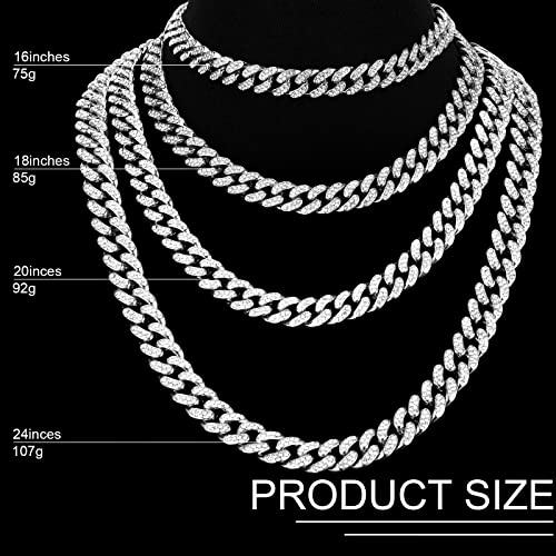 Cuban Link Chain Necklace Bracelet Rhinestone Hoop Earrings Set Bling Necklace Bracelet Crystal Big Circle Earrings for Girls (Silver,18 Inch)