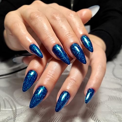 Royal Blue Glitter Press on Nails Medium Almond Shape,KQueenest Iridescent Shimmer Acrylic Fake Nails with Salon UV Finish,Sparkling Gel Nails Press ons,Glossy Flash Glue on Nails Medium False Nails with Designs for Home Manicure in 24 PCS