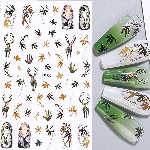 Fall Nail Art Sticker 3D Pumpkin Nail Stickers Autumn Maple Leave Nail Decals with Deer Mushroom Self Adhesive Design for Acrylic Nail DIY Manicure Thanksgiving Nail Art Decoration