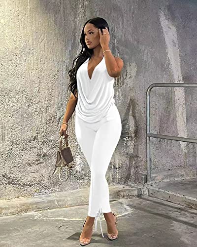 Doweha Women's Sexy Summer Two Piece Outfits Sleeveless Backless Deep V Neck Tank Tops And High Waisted Pants Matching Sets Tracksuit White XL