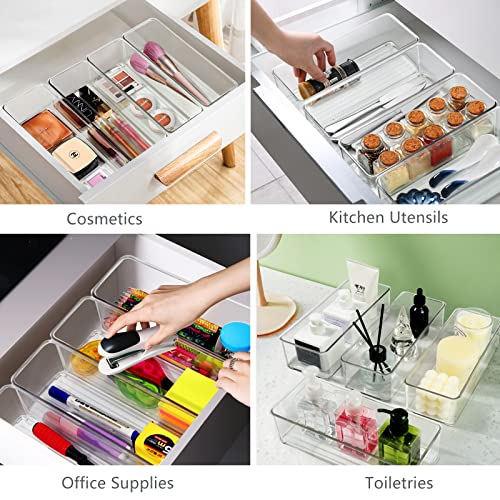 Qilinba Clear Stackable Organizer and Storage Bins 8 PACK Home Edit Drawer Organizers Plastic Organizer Tray for Kitchen Bathroom Office Pantry Cabinet Organizing