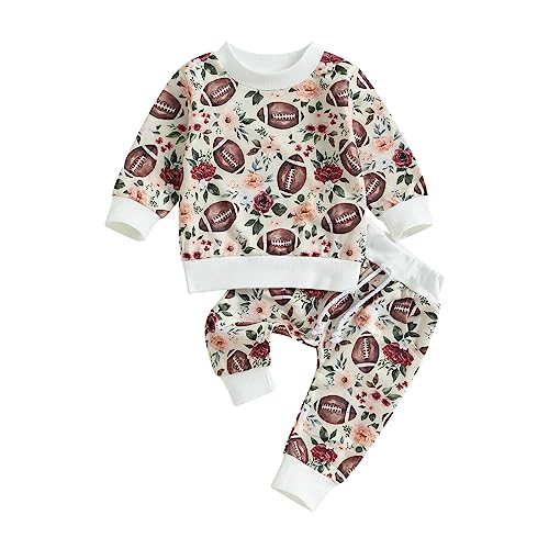 Toddler Baby 2PC Outfit Football Print Long Sleeve Tops Flower Pants Set for Infant Girls Boy Fall Clothes (Rugby&Flower, 0-6 Months)