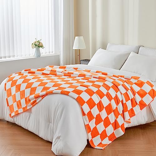 BEDELITE Checkered Throw Blanket for Couch and Bed, Luxurious Decorative Fleece Blanket with Checkerboard Grid Home Decor, Soft and Cozy Orange and White Fall Throw Blanket, 50"x60"