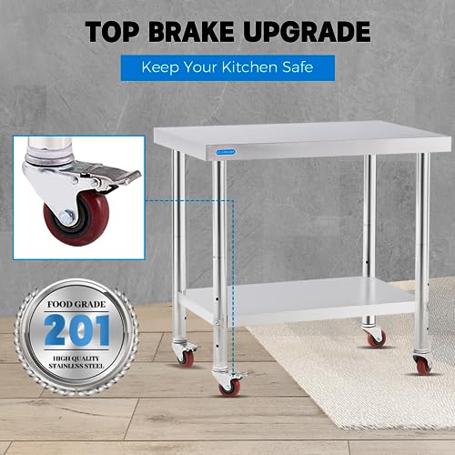 KUARBARR 2023 New Stainless Steel Table for Prep & Work with 4 Caster Wheels with Undershelf 24 x 36 NSF Metal Commercial Kitchen Adjustable Undershelf Worktable for Restaurant Home Outdoor