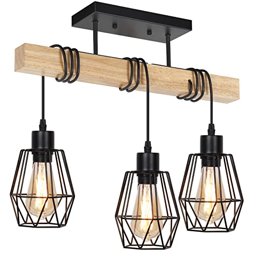 3-Light Semi Flush Mount Ceiling Light Fixture, Rustic Farmhouse Lighting with Black Metal Lampshade and Solid Wood, Chandelier Ceiling Lamp for Kitchen Bedroom Living Room Bathroom Hallway Entryway