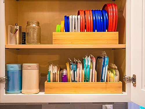 Umilife Kitchen Cabinet Organizer for Food Storage Container Lids, with Adjustable Dividers, Bamboo Drawer Caddy, Box for Kitchen Storage And Organization