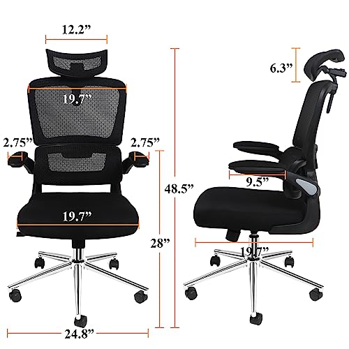 Mesh Ergonomic Office Chair with Flip Up Arms High Back Desk Chair -High Adjustable Headrest, Tilt Function, Lumbar Support Swivel Computer Chair Task Chair,Executive Chair, Black(Gray AC)