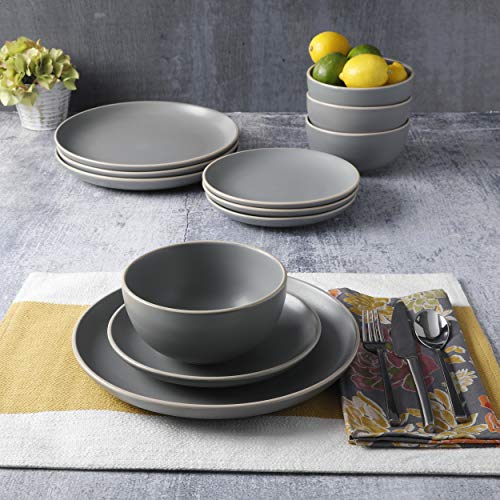 Gibson Home Rockaway 12-Piece Dinnerware Set Service for 4, Grey Matte -