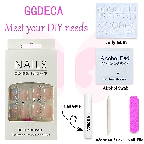 Short Square Press on Nails, Acrylic Fake Nails Pink Blue Gold Foil False Nails with Designs Artificial Full Cover Glue on Nails Short Stick on Nails for Women Glossy Nails 24Pcs