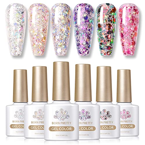 Born Pretty Glitter Sequins Gel Nail Polish Sparkly Shiny Pink Yellow Blue Green Gel Nail Polish Kit Soak Off UV Nail Gel Gift Box Nail Art Manicure Varnish Kit 10ML 6PCS