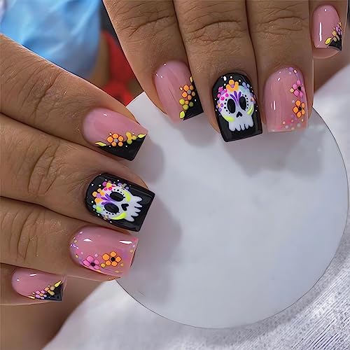 Short Halloween Press on Nails Square Cute Skull Fake Nails with Designs Black Pink Glossy False Nails Halloween Nail Decorations Acrylic Full Cover Glue on Nails Stick on Nails for Women Girls 24Pcs