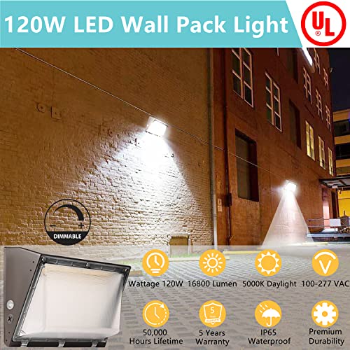 Dimmable 120W LED Wall Pack Light with Dusk to Dawn Photocell, 100-277V 16800LM 800-1000W HPS/HID Equiv., 5000K Daylight Outdoor Security Lighting, UL/DLC Commercial Wall Mount Lights for Building