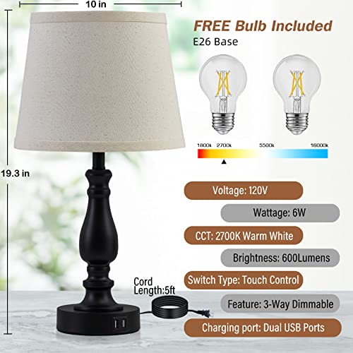 Lamps for Bedrooms Set of 2, Touch Bedside Table Lamps with USB Ports, 3 Way Dimmable Nightstand Lamps with Round Fabric Linen Lampshade for Living Room Reading Bed Side End Table, Bulbs Included