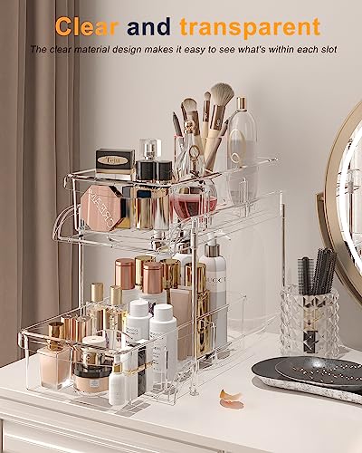 MHHA 2 Pack Bathroom Cabinet Organizer, 2 Tier Clear Under Sink Organizers and Storage Medicine Cabinet Organizer with Dividers, Pull Out Kitchen Pantry Shelf Cupboard Closet Vanity Organization Bins