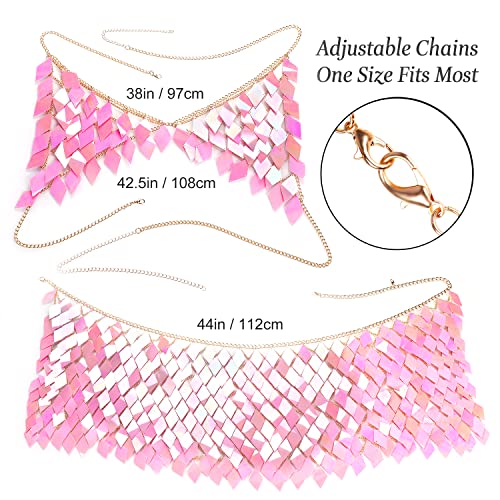 Sequins Tassels Body Chain Gold Bra Skirts Set Sexy Bikini Pink Rave Festival Party Beach Fashion Accessories Jewelry for Women and Girls