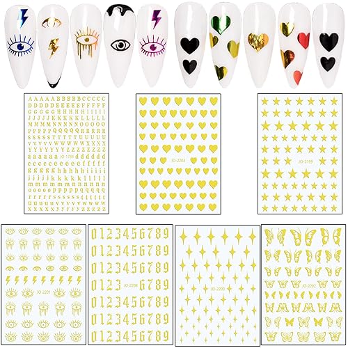 7 Sheets Gold Nail Art Stickers, Butterfly Heart Letters Numbers Stars Eyes Nail Self-Adhesive Sticker Design, 3D Gold Geometry Nail Transfer Decals for Women Girls Manicure Charms Decorations