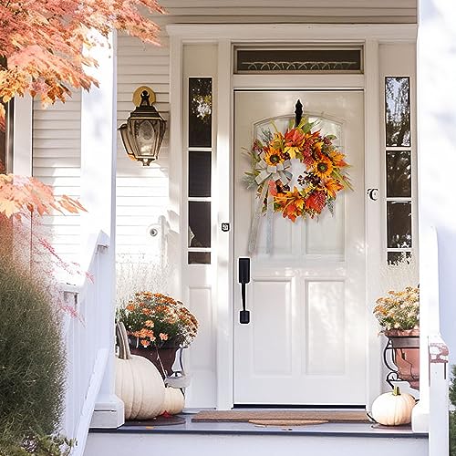 Fall Wreaths for Front Door, Sunflower Autumn Wreath, Pumpkins and Burlap Bows, for Halloween Christmas Farmhouse Indoor Outdoor Outside