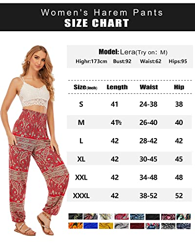 QIANXIZHAN Women's Harem Pants, High Waist Yoga Boho Trousers with Pockets Burgundy Red S