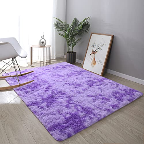 DweIke Large Fluffy Area Rugs for Bedroom Living Room, 6x9 Feet Indoor Carpets for Boys Girls Teenagers and Adults, Tie-Dyed Fuzzy Rugs, Super Soft Kids' Rugs, Nursery Decor Rugs, Purple