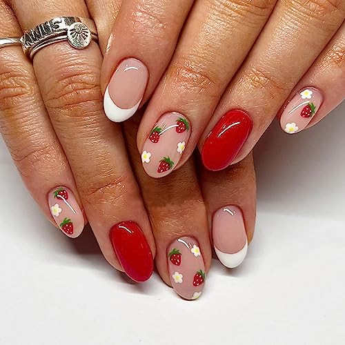 24 Pcs Medium Press on Nails French Tip Almond Fake Nails Glossy Designs False Nails with Strawberry Pattern Full Cover Acrylic Nails for Women