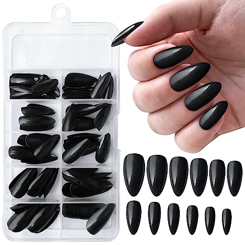 AddFavor 120pcs Short Press on Nails Almond Fake Nails Glossy Black Almond Nails Medium Full Cover Acrylic False Nails with Nail Glue, Adhesive Tabs, File Tools for Women