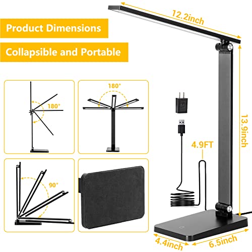 Desk Lamp, LED Desk Lamp, Desk Lamp for Home Office, 3 Levels Dimmable Desk Light, Desk Lamp with USB Charging Port, Office Lamp, Small Desk Lamps, Study Lamp, Reading Light, Table Lamp, Black, 5000K