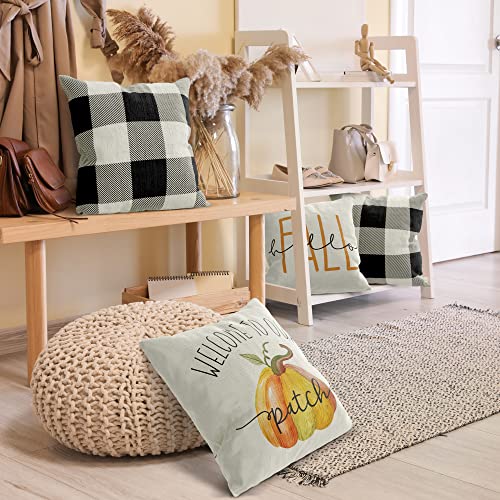 Beautiful Fall Pillow Covers 18" x 18" - Four Modern Buffalo Plaid Farmhouse Design Throw Pillow Covers - These Pumpkin Decor Accents Are The Perfect Addition to Your Indoor/Outdoor Home Decoration