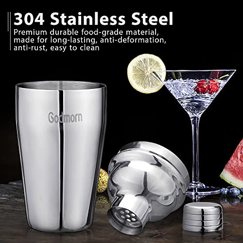 Cocktail Shaker Set Bartender Kit, Godmorn 15Pcs Bartender Shaker Set, 304 Stainless Steel Martini Shaker and Strainer, 550ml /19OZ Bar Tool Set with Bamboo Stand, Recipe Book, for Home and Bar