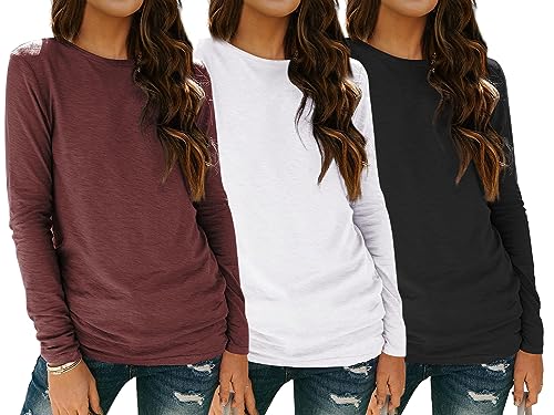 SUNBS Womens 3 Packs Long Sleeve Shirts Loose Fit Fall Shirts Clothes Outfits 2023 Plus Size Comfy Fall Tops Trendy Blouse for Teen Girls