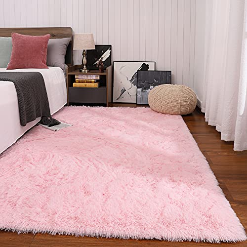 Keeko Premium Fluffy Pink Area Rug Cute Shag Carpet, Extra Soft and Shaggy Carpets, High Pile, Indoor Fuzzy Rugs for Bedroom Girls Kids Living Room Home, 4x5.3 Feet