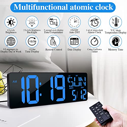 Large Digital Wall Clock with Remote Control 17.2" LED Large Display Timer with Temperature Date Week Auto DST Adjustable Brightness, Big Wall Alarm Clock for Living Room Office Garage Gym Seniors