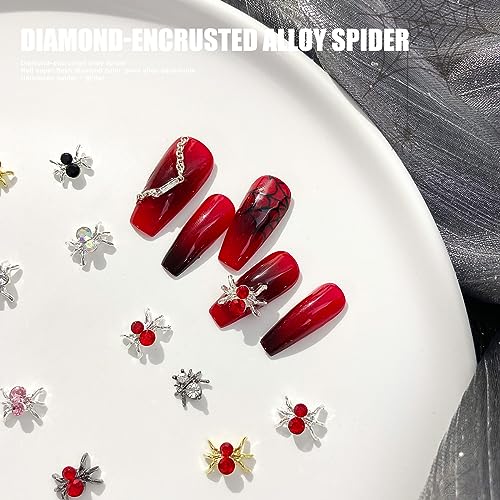 32Pcs Halloween Nail Charms 3D Spider Nail Charm Silver Gold Red Spider Nail Jewelry Gems Shiny Alloy Designs Halloween Nail Charm Set or Acrylic Nails Supplies DIY Gothic Nail Art Decorations