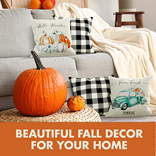 Farmhouse Fall Pillow Covers 18" x 18" - Four Modern Buffalo Plaid Farmhouse Design Throw Pillow Covers - These Pumpkin Decor Accents are The Perfect Addition to Your Indoor/Outdoor Home Decoration